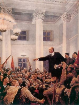 V. I. Lenin proclaims Soviet power at the II Congress of Soviets. V. A. Serov, 1947.jpg